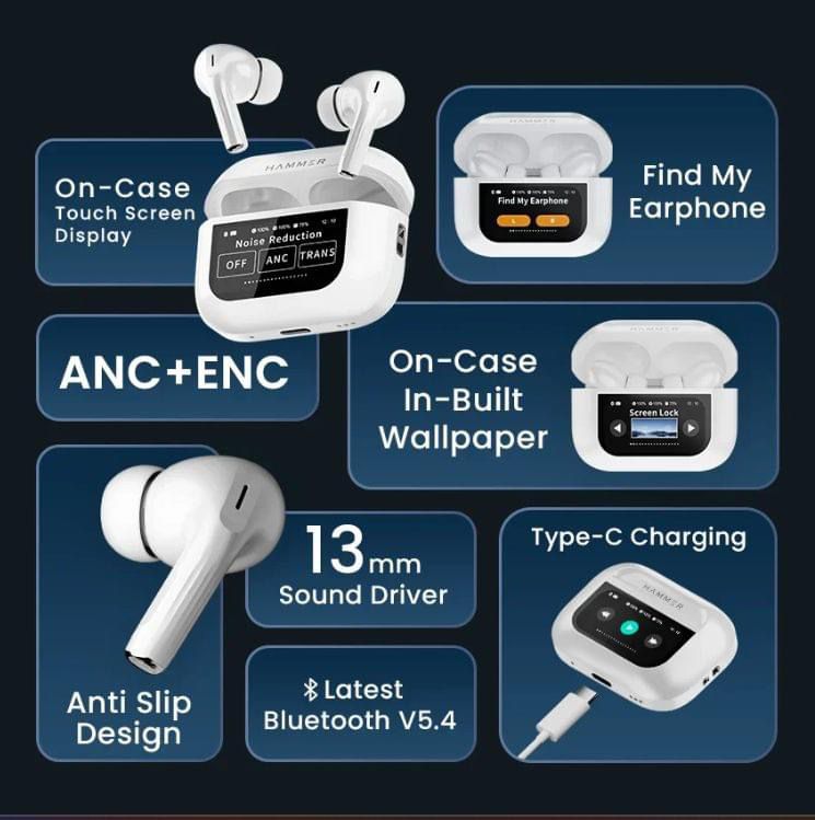 Smart Touchscreen Wireless Earbuds – ANC, ENC & Next-Gen Audio!