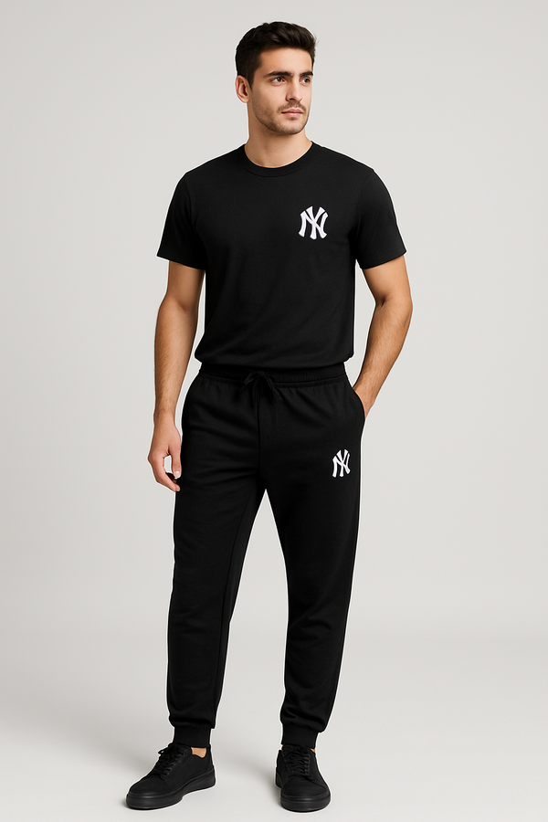 Men's NY Logo Short Sleeve T-Shirt and Jogger Tracksuit Set – Casual Athletic Loungewear