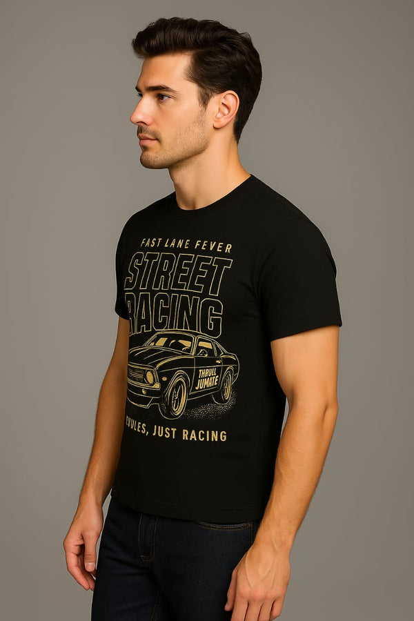 Men's Street Racing Graphic T-Shirt – Black Muscle Car Design | Fast Lane Fever Tee